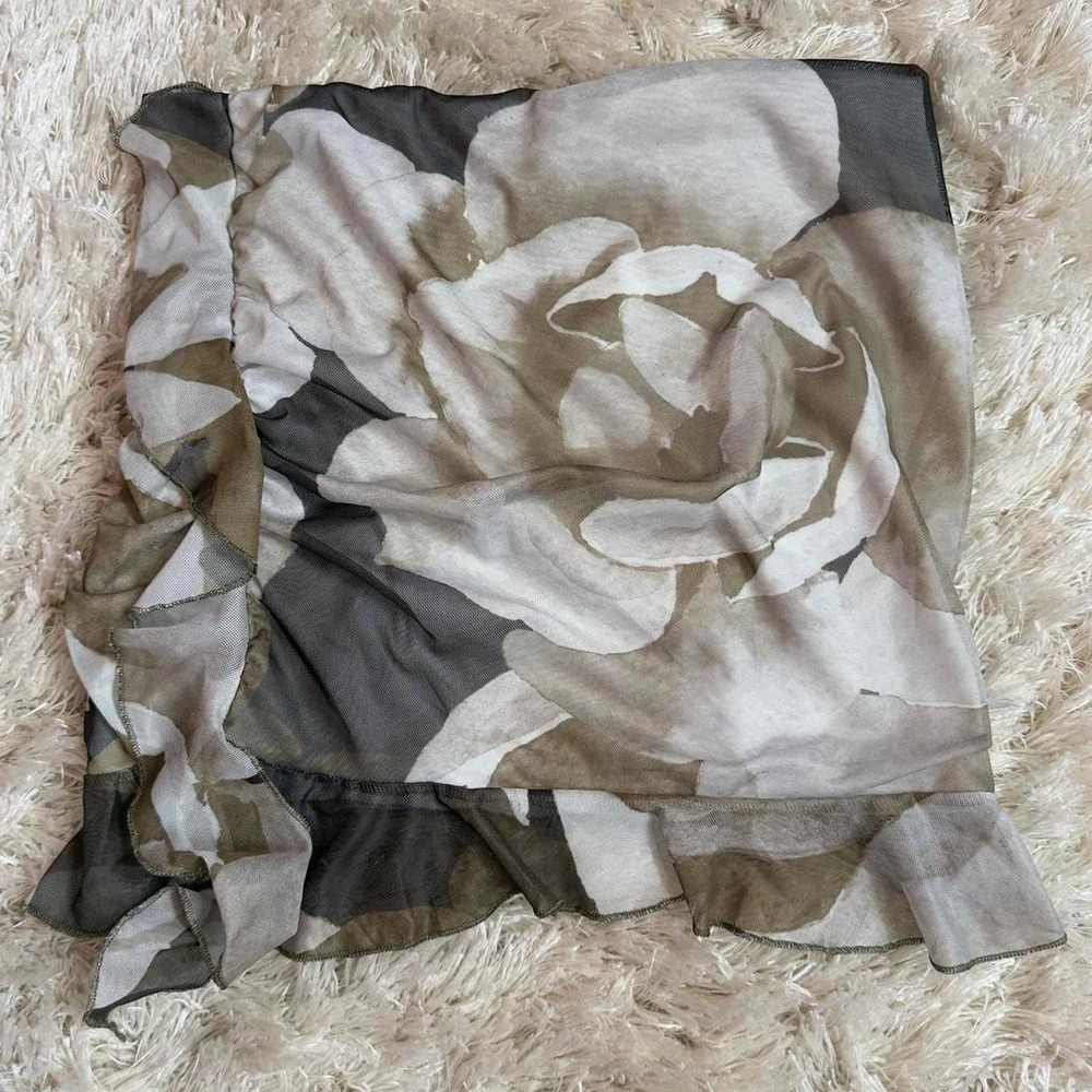 Boohoo Y2K Olive Floral Sheer Mesh Ruched Asymmetric Ruffle Mini Skirt US 12
